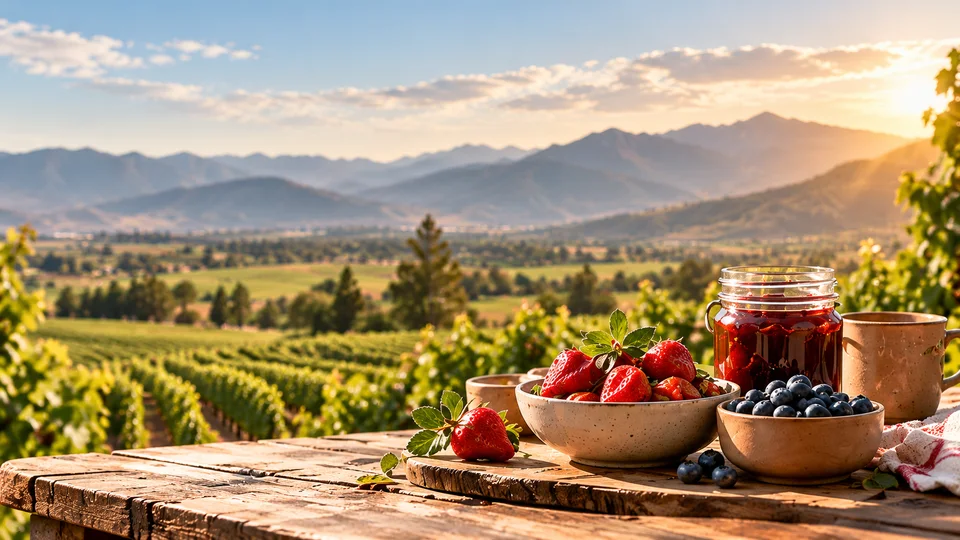 Mesa con alimentos y paisaje del valle