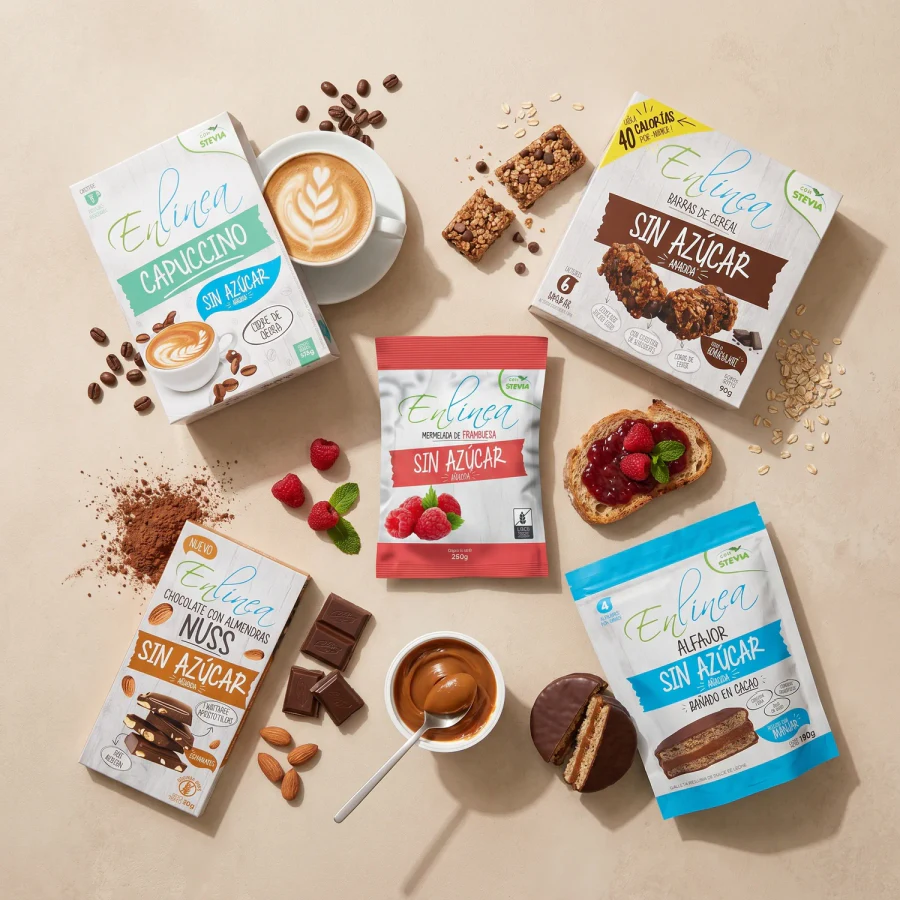 Selección de productos En Línea con café, barras, mermelada, chocolate y alfajor