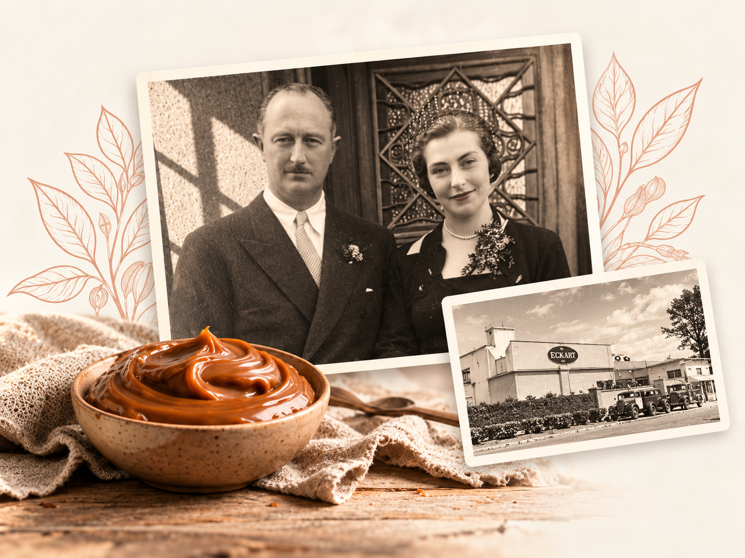 Composición histórica de Eckart: retrato familiar, bowl de manjar, antigua planta e ilustraciones de hojas